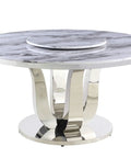 Game Changing Round White Marble Dining Table With Smooth Spin Lazy Susan And Heavy Duty Stainless Steel Base, showcasing sleek design and circular shape.