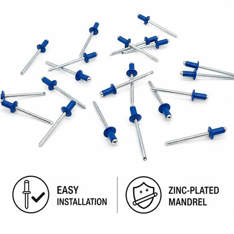 Pack Of 100 Painted Dome Head Pop Rivets 5/32 Inch By 5/16 Inch Aluminum Bodies Steel Mandrels Genuine Gentian Blue RAL 5010 Din 7337 Fasteners on white background.