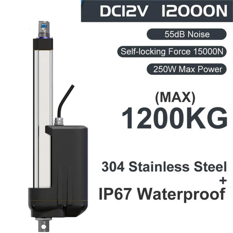 Heavy Duty Electric Linear Actuator 12 Volt Rock Solid Stainless Steel Design With Waterproof IP67 Build, 1200KG capacity.