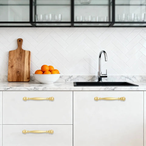 10 Pack 5 Inch Brushed Gold Cabinet Pulls Heavy Duty Zinc Alloy Drawer Handles For Kitchen Cupboards And Dressers in modern kitchen.