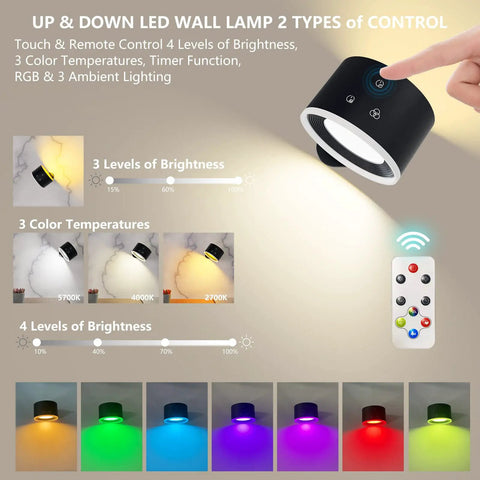 Up And Down LED Wall Sconce With Battery Power displaying color temperatures and brightness levels with touch and remote control options.