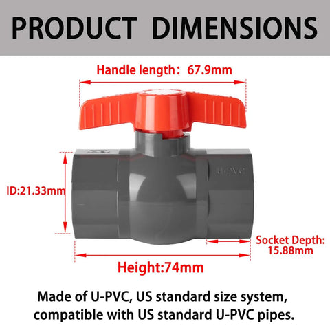 1/2 Inch SCH80 PVC Ball Valve 12 Pack Socket X Socket Shut Off For Irrigation And Pool Plumbing Gives You Total Flow Control With Smooth Quarter Turn Action dimensions with handle and height details.