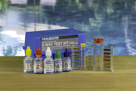 Five Way Pool And Spa Test Kit Featuring Dead On Accuracy For Chlorine Bromine Ph Alkalinity And Acid Demand Inside A Tough Travel Case with color-coded solutions.