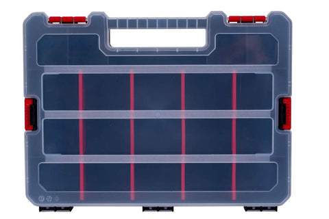 Front view of a transparent large organizer box from 7 Pack Organizer Set With Removable Dividers And Multi Size Storage Boxes