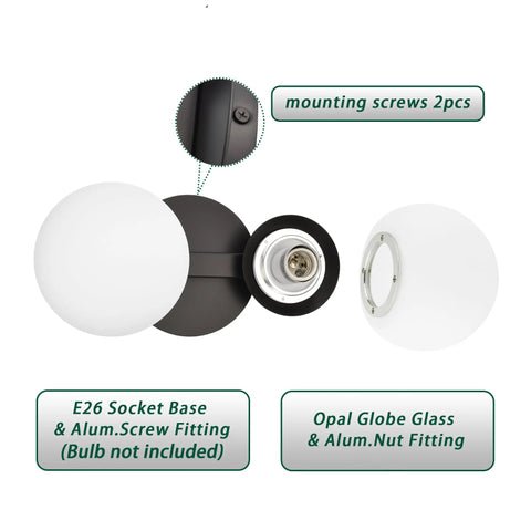 Dope Matte Black Two Light Globe Vanity Wall Sconce parts, opal glass shades, E26 socket, mounting screws, modern mid-century style