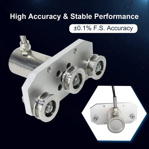 Built Tough Workhorse Tension Sensor For Wire Rope Featuring Triple Pulley Setup Rock Solid Load Cell Force Meter Up To 20Kg Capacity showing stainless steel housing and pulleys.
