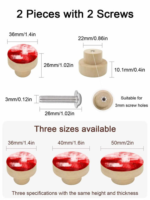 Solid 2 Piece Round Cabinet Knobs Crafted From Fine Beech Wood With Abstract Oil Painting Finish Hella Durable Hardware 2 pieces with detailed measurements.