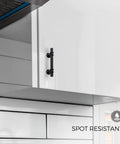 Black Cabinet Pulls 25 Pack, 3 Inch Hole Center, shown on white kitchen cabinet; rust and stain resistant design.