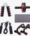 Rock Solid Five Piece Home Gym Strength Set Featuring Wide Ab Roller With Anti Slip Stripes, resistance bands, jump rope, and grip trainer.