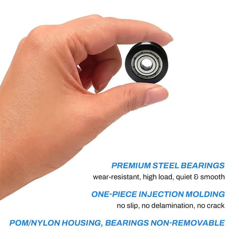 Hand holding a Rock Solid Four Piece Heavy Duty U Groove Pulley with precision ball bearings and POM housing.