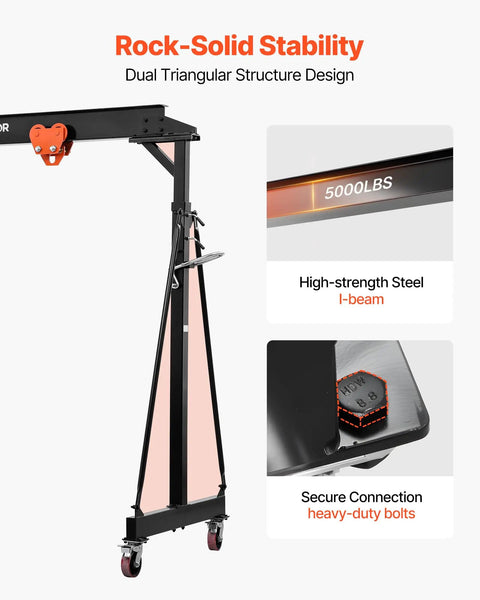 Height Adjustable Gantry Crane 5000 Lbs Capacity Rock Solid Portable Shop Lift Hoist with high-strength steel I-beam and locking casters.