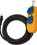 Built Tough Job Site Ready Cable With IP54 Weather Tight Power Block Angled Outlets Shatter Resistant Socket Box Contractor Grade Outdoor Extension Wire Black Ten Meter Long Run with yellow power block and two outlets.