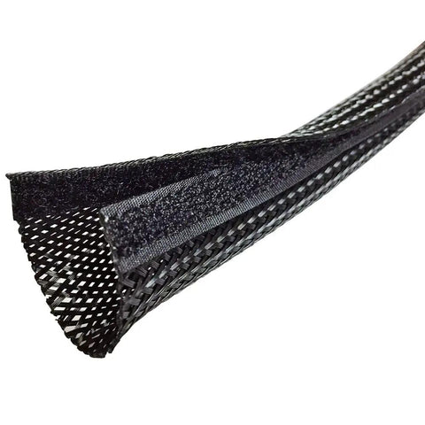 2.5 Inch Side Entry Braided Cable Sleeve With Hook And Loop Closure, 100 Feet, Black, close-up showing open side entry