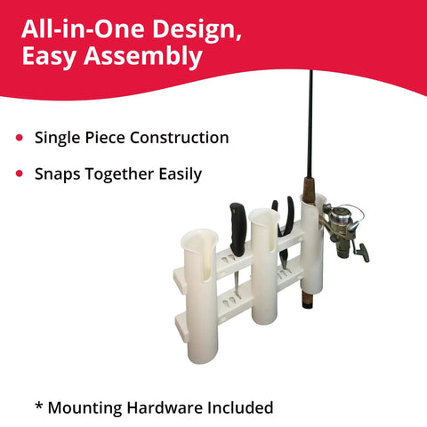 Three Rack Fishing Rod Holder For Boat And Garage With Durable Weatherproof Construction shown with rod and pliers