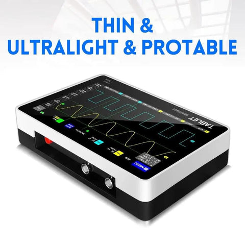 Side angle of Upgraded 1013D Plus 100X Probe Portable Digital Oscilloscope showing waveform on 7 inch TFT touch screen