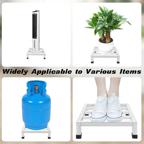 Various items on Heavy Hitter 4 Pack Stainless Steel Dunnage Rack, 13.8 Inch kitchen stand, including plants, gas cylinder, and shoes.