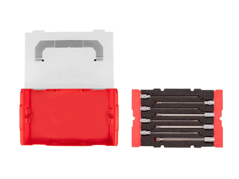 Open red S2 steel case of Three Eighths Inch Drive Torx Socket Set With 24 Pieces Including Torx and Tamper Resistant Torx Sockets T10 to T60 and TR10 to TR60 for heavy duty use, showing tool layout.