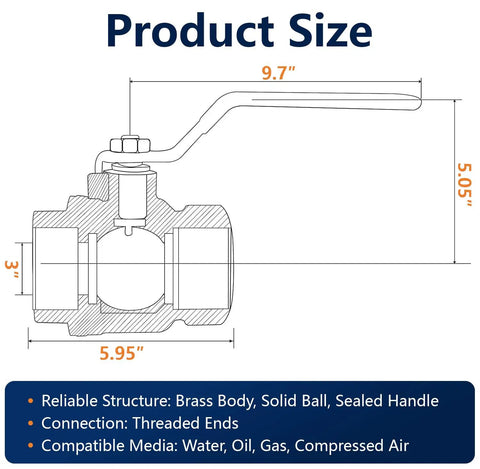 Rock Solid Full Port Brass Ball Valve Three Inch Model, showing dimensions and threaded ends for water, oil, gas, and air.