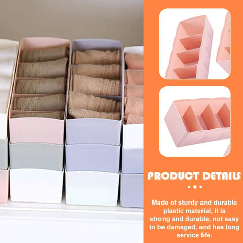 Six Piece Plastic Underwear Organizer Box For Drawer Dividers And Sock Keeper Keeps Your Lingerie Tight And Squared Away For A Really Slick Closet Setup with folded socks in compartments.