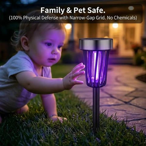 Child reaching for Solar Powered Outdoor Bug Zapper Pack of 4 for Backyard, Garden and Walkways, 360 Degree Mosquito Barrier.