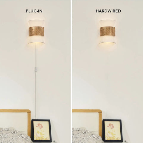 Two-Light Plug-In Or Hardwire Wall Sconce With Matte White Fabric Shade And Natural Rattan Accent in bedroom setting