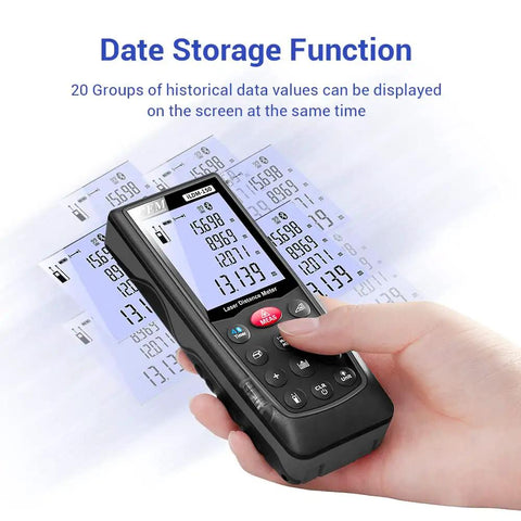 Rock Solid Bluetooth Laser Distance Measurer With 229 Foot Range And IP54 Weather Defense displaying data values on screen