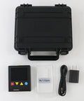 Handheld Digital Surface Roughness Meter For Metals And Nonmetals Ra Rz Rq Rt Rp Rv Rc Readouts 2.4-Inch IPS LCD Portable Roughness Tester With Auto Power Off Low-Power Design Field Ready. black case with meter, probe, cable, charger, and Ra 1.52µm reference
