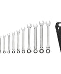 Ratcheting Wrench Set, Thirteen Piece, From Quarter Inch To One Inch, With Wrench Holder, Six Point Box Ends Grip Flat Sides