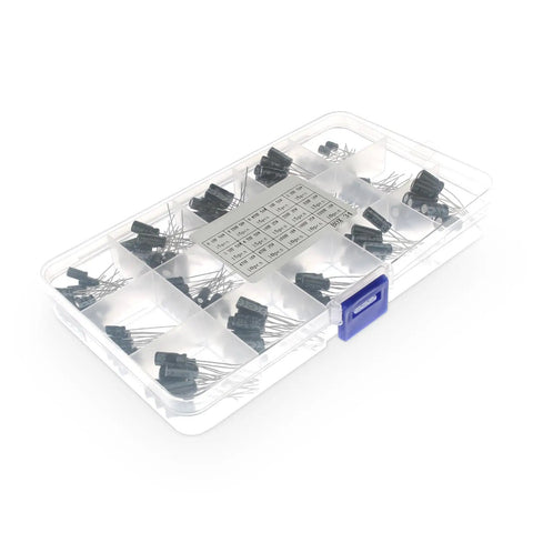 Premium Electrolytic Capacitor Assortment Kit With 200 Pieces Covering 15 Values From 0.1 Microfarad To 220 Microfarad At 16 Volt 25 Volt And 50 Volt Ratings in a clear storage box.