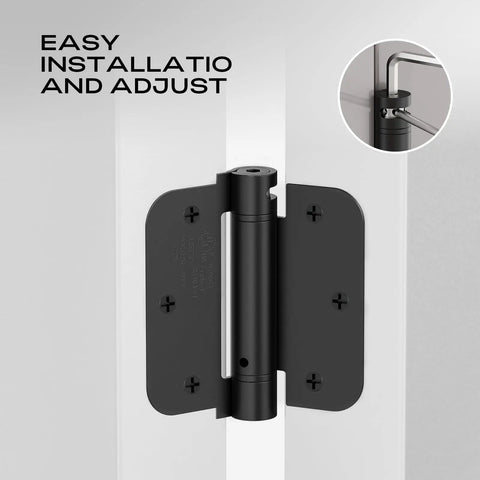 Close-up of Top Notch Self Closing Door Hinges Heavy Duty Spring Mechanism Quiet Auto Shut Matte Black Finish for easy installation.