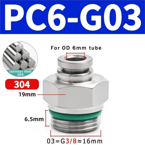 PC6-G03 304 stainless pneumatic fitting for 6mm tube, 3/8 G thread, shown with size markings
