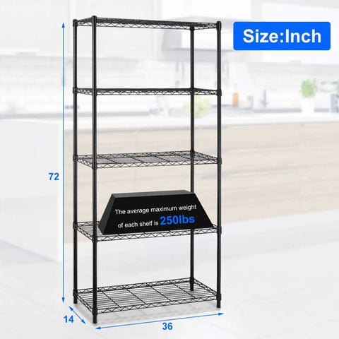 Heavy Duty Steel Wire Storage Shelving For Garage And Kitchen, 5 Shelf Adjustable Rack With 1250 Lb Capacity, No Sweat Assembly Organizer In Black, features a 72x36x14 inch size.