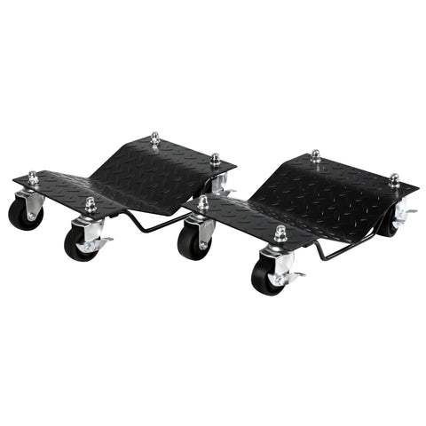 Straight Up Heavy Duty 6000lbs Car Moving Dollies 4 Pack With Secure Locking Brakes And Solid Steel Frame For No Sweat Hauling SUV Rolling And Rock Solid Storage Moves In Matte Black, showing two dolly skates with diamond plate design.