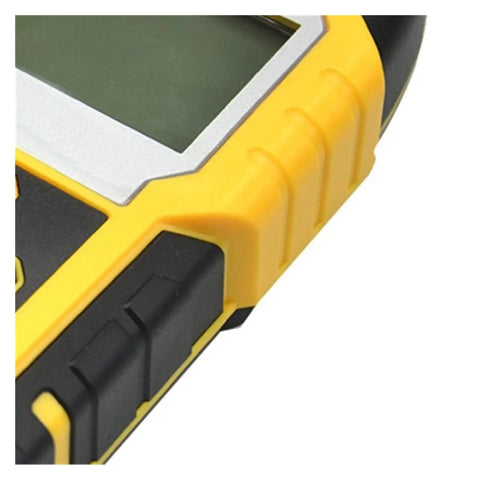 Close-up view of the Dead On Accurate Wall Scanner And Stud Finder, highlighting its durable yellow and black design and LCD display.