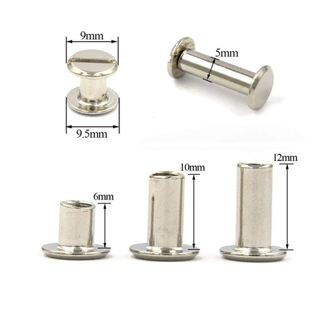Kickass Chicago Screw Rivet Kit Seventy Five Sets For Leather Crafting And Bookbinding Heavy Duty Silver Metal Binders showing 6mm, 10mm, 12mm posts.