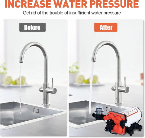 High Pressure 12V DC RV Water Diaphragm Pump With Smart Pressure Switch Delivers 5.5 GPM At 70 PSI Self Priming Wash Down For Boat Camper Marine Sprayer Garden Off Grid; before and after water pressure improvement shown in kitchen sink