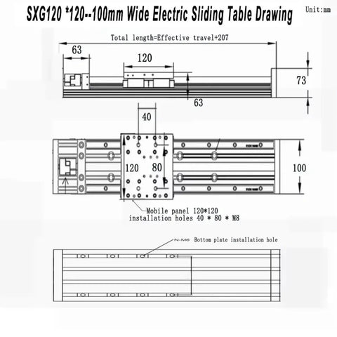 SXG120 Electric Sliding Table Drawing with 100mm width, showing dimensions and installation features for CNC use.