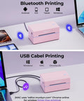 Bluetooth Thermal Label Printer 4x6 Shipping For Small Business And Home Office Fast Wireless Label Printer Up To 72 Labels Per Minute Inkless Cost Saving Works With iPhone Android iPad Windows macOS Chrome Etsy eBay in pink, shown with Bluetooth and USB connection options.