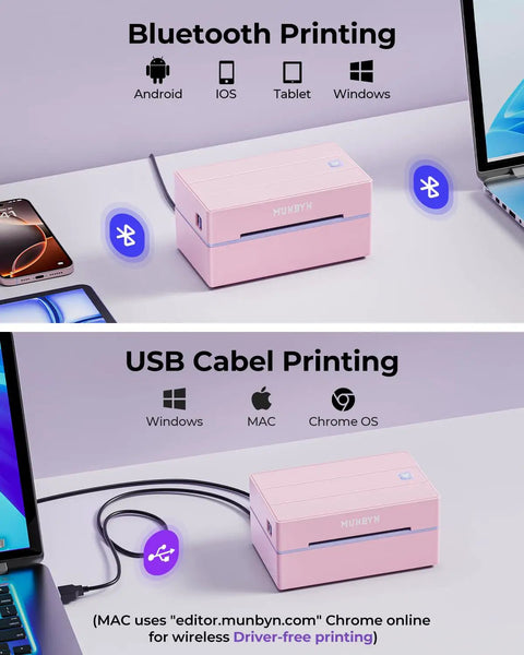 Bluetooth Thermal Label Printer 4x6 Shipping For Small Business And Home Office Fast Wireless Label Printer Up To 72 Labels Per Minute Inkless Cost Saving Works With iPhone Android iPad Windows macOS Chrome Etsy eBay in pink, shown with Bluetooth and USB connection options.