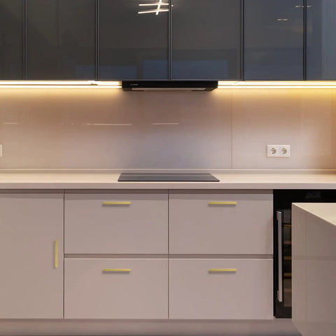 Modern kitchen with 25 Pack 5 Inch Square Cabinet Handles In Brushed Brass Finish Stainless Steel Kitchen Hardware Pulls With 5 Inch Hole Center For Cabinets Gold Durable DIY Drawer Wardrobe Updates on white cabinets.