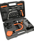 Badass Rechargeable Two-Speed Drill and Screwdriver Combo with 10mm Chuck and Reverse Toggle in protective case with tools and accessories.