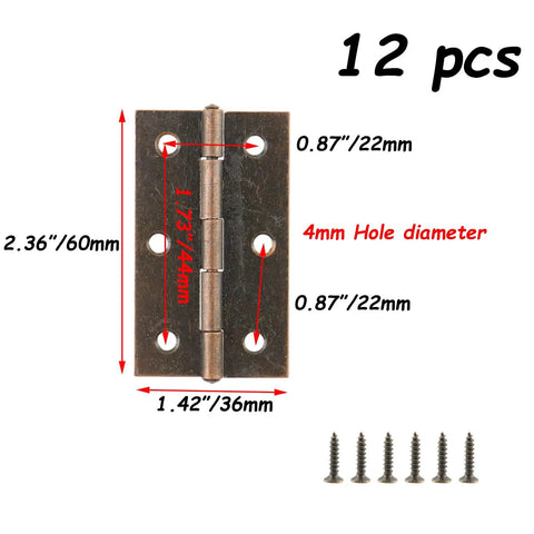 Heavy Duty Folding Butt Hinges 2.5 Inch Iron With Red Bronze Finish 12 Pack shown with measurements and screws