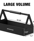Side view of Grippy Handle Metal Tool Tray Portable Tote For Home Garage Warehouse And Shop Easy Tool Organization Durable Black Metal Storage Tray with dimensions labeled