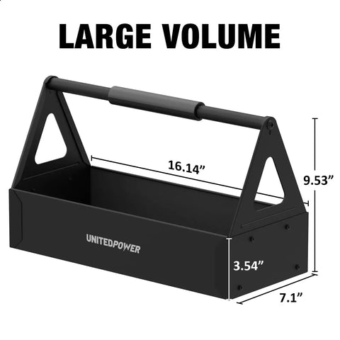 Side view of Grippy Handle Metal Tool Tray Portable Tote For Home Garage Warehouse And Shop Easy Tool Organization Durable Black Metal Storage Tray with dimensions labeled