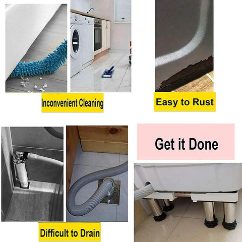 Rock Solid Washing Machine And Dryer Base Stand With Adjustable Lift Telescopic Legs Raises Appliances 14 To 17 cm stainless steel under drainage setup.