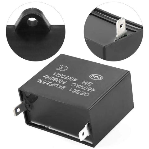 Top Shelf Heavy Duty CBB61 Style Run Capacitor 24 Microfarad 450 Volt AC, black capacitor with mounting tabs and printed label.