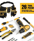 Adjustable Tool Waist Belt With 26 Pockets And Strong Magnets For Holding Hammers Tape Measures Screwdrivers Drills And More On Job Sites Or Home Projects Built From Thick Abrasion Resistant Canvas For Daily Heavy Duty Use, black and yellow