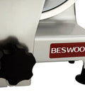 Knockout 240 Watt 10 Inch Electric Deli Slicer For Home Base Or Shop Slice Steak Cheese Peppers Flawless Zero Rust Chrome Blade secure knob and base.