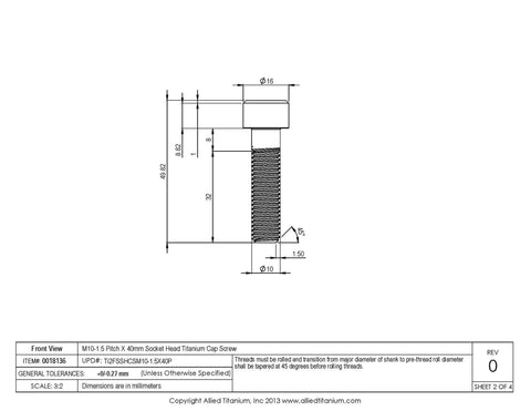Heavy Duty Grade 2 Titanium M10 X 1.5 X 40Mm Socket Head Cap Screws Pack Of 5 Polished Fasteners technical drawing.