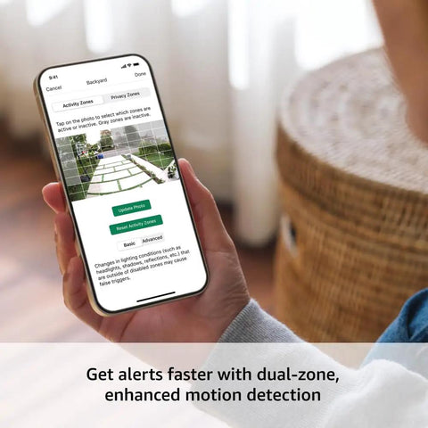 User adjusts activity zones for Full Wireless Outdoor Security Camera Kit And Smart Hardwired Doorbell Package on a smartphone.